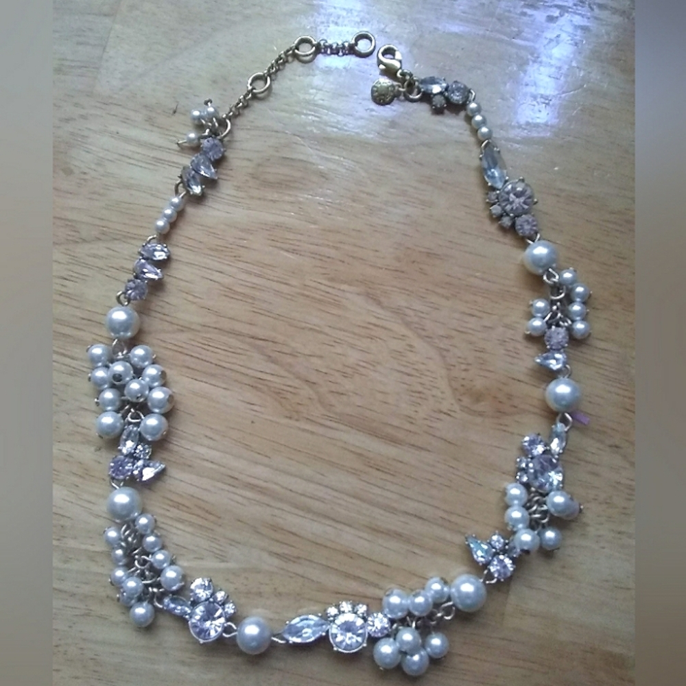 J. Crew Faux Pearl Rhinestone Asymmetrical Gold Tone Statement Necklace